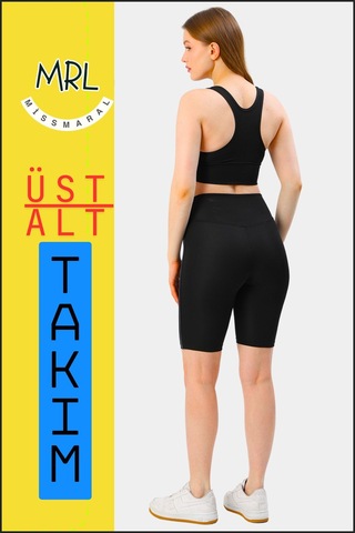 Kadın Siyah Takım Alt-üst Kısa Şort-tayt Ve Pedli Sporcu Büstiyer 2li Set Lacivert Biyeli Elt3043 Siyah Lacivert