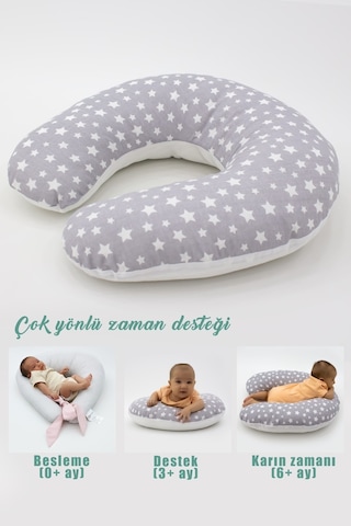 Çift Taraflı Emzirme Yastığı /bebek Destek Minderi, Hamile Yastığı, Pamuklu Kumaş, Stars Desen, Gri