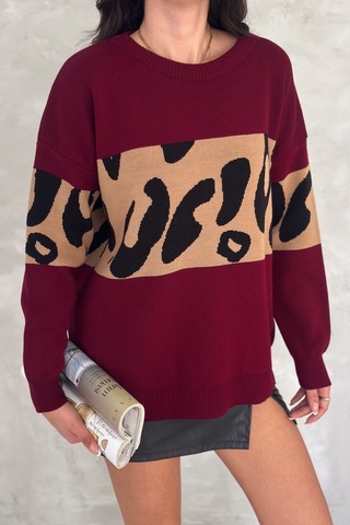 Femelle Kadın Bordo Standart Beden Leopar Desen Oversize Triko Kazak
