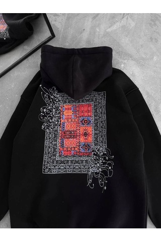 Valensdesign Uzun Kol Kapşonlu Ön Ve Arka Baskılı Sweatshirt - Siyah