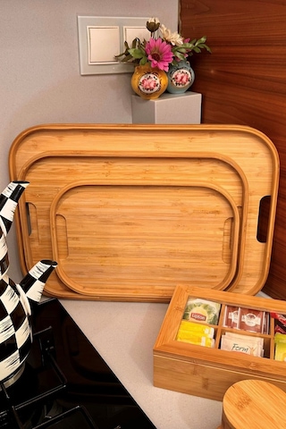 Makri Home Bambu Dikdörtgen 3'lü Tepsi Seti, Küçük Tepsi: 22x33 Cm, Orta Tepsi: 28x40 Cm, Büyük Tepsi: 33x45 Cm Ahşap