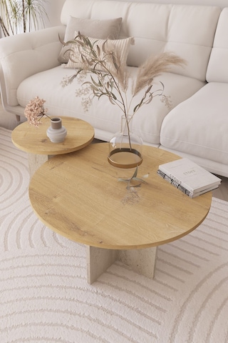 2 Li Orta Sehpa Seti, İskandinav Stil, Bohem, 72 Cm, 40 Cm - Safir Meşe & Traverten