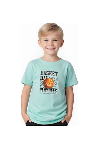 Fyk Kids Erkek Çocuk Yuvarlak Yaka Basketball Baskılı T-shirt Mint Yeşil