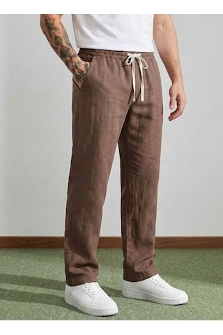 Danger Erkek Baggy Kalıp Beli Lastikli %100 Pamuk Keten Görünümlü Pantolon Kahverengi 1007dngr