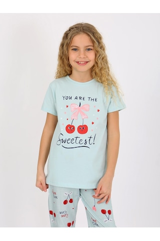 Kız Çocuk Kısa Kollu %100 Pamuklu Pijama Takımı Cherry Mint