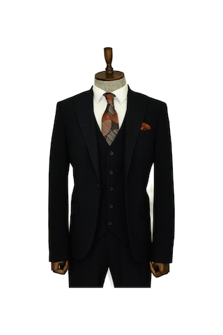 Tek Düğmeli Slim Fit Lacivert Yelekli Erkek Takım Elbise - Wessi Navy Blue