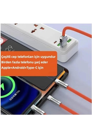 Zhltools 3 İn 1 Usb To Type-c - Micro Usb - Lightning 120w Hızlı Şarj Kablosu 1.2 Metre Turuncu