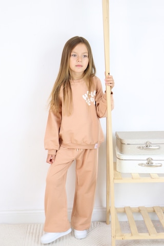 Kız Çocuk Hello Fun Baskılı İspanyol Paça İki İplik Eşofman Takımı Açık Kahverengi