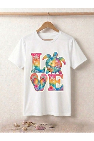 Tropikal Sahil Temalı Love Baskılı Kompak T-shirt Beyaz