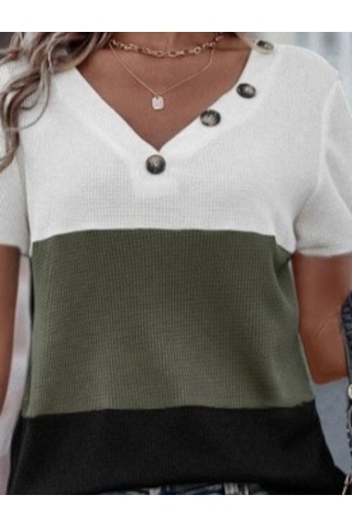 Kadın Kısa Kollu V Yakalı Düğmeli Waffle Bluz Beyaz