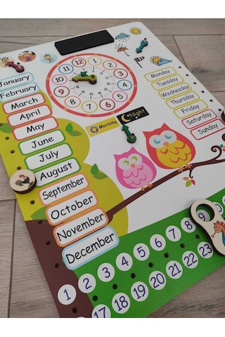 Montessori Ingilizce Ahşap Saatli Eğitici Takvim Günler, Aylar, Mevsimler, Hava Durumu, Rakamlar