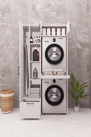 Mdf Çamaşır Makinesi Ve Kurutma Makinesi Dolabı Ütü Masalı Beyaz