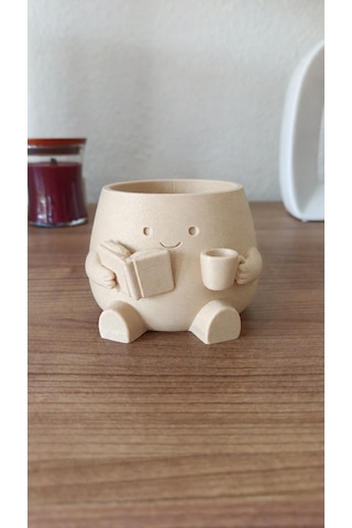 3d Baskı Kitap Okuyan Saksı - Kupa Tutan Sevimli Saksı-bej Belirtilmemis