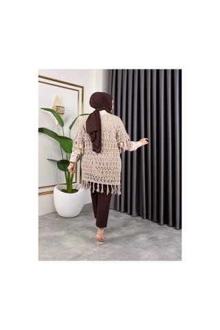 Hira Life Fashion Kadın Mevsimlik Saçaklı Ve Ajurlu Pamuk Triko Hırka Bej Bej