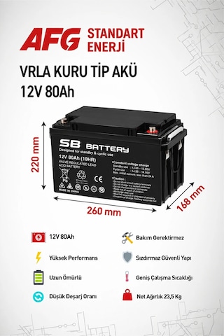 Sb Battery 12v 80ah Bakımsız Kuru Akü