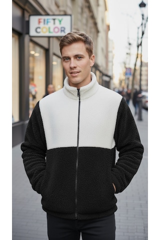 Premium Kalite Renk Bloklu, Fermuarlı, Dik Yaka, Sherpa, Polar, Peluş Ceket Siyah - Beyaz
