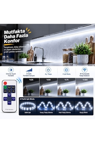 Şerit Led Kumandalı Dimmerli 5 Metre Mutfak Dolabı Tezgah Altı Aydınlatma Led Işık Sb-6557 Beyaz