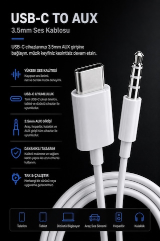 Metaforce Type C Aux Çevirici 1 Metre Dijital Ses Adaptörü 3.5mm Jack Alüminyum Gövde Type C To Aux Kablo