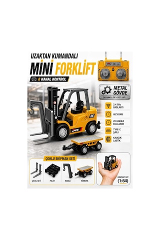 Uzaktan Kumandalı Şarjlı Mini Forklift 1:64 Die-cast Metal - Römorklu Çatallı Kancalı Tam Set 11 Cm Çok Renkli