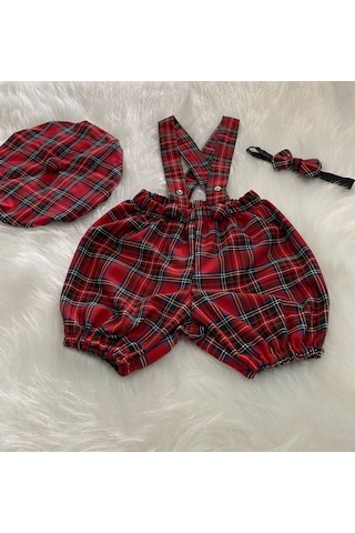 Eylülce Butik Kırmızı Ekoseli Çocuk Askılı Şort Salopet & Ressam Şapkası & Papyon Takım-
