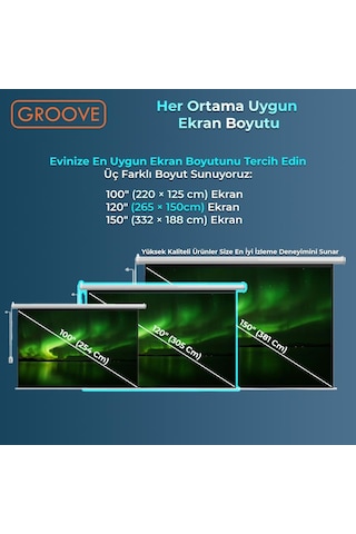 Groove Vizio Pro 120 Inch Blackout Işık Geçirmez Elektrikli Otomatik Kumandalı Projeksiyon Perdesi 265x150cm +motorlu+canlı Renkler+göz Koruması+leke Tutmaz Projector