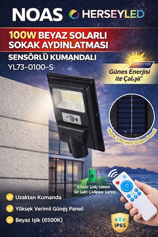 Noas 100w Beyaz Solarlı Sokak Aydınlatması Sensörlü Kumandalı Yl73-0100-s