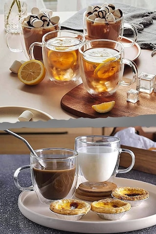 Çift Cidarlı Bardak Cam Kupa 310 Ml Ev Ofis Espresso Kahve Fincanı Borosilikat Kulplu Çay Bardağı