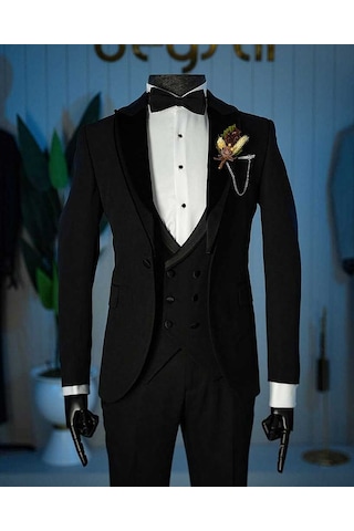 Bys Beystil Siyah Şal Yaka Üzerine Sivri Yaka Damatlık & Smokin Takımı 10001 - Slim Fit