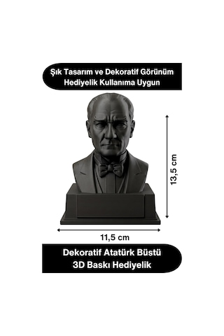 Atatürk Mustafa Kemal Atatürk Büstü 3d Baskı Dekorasyon Biblo Siyah Premium Tasarım Şık Obje Ev Ofi