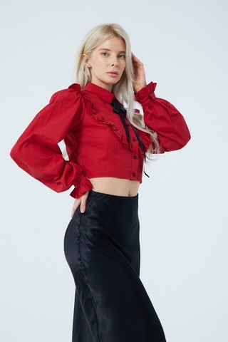 Fiyonk Fırfır Detaylı Poplin Gömlek Kırmızı