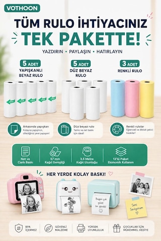 Zenvia 13 Lü Mini Yazıcı Termal Rulo Seti Çocuk Kamera Baskı Kağıdı 5 Yapışkanlı 5 Düz Beyaz 3 Renkli Znv2