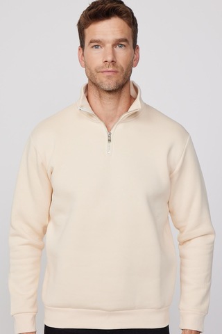 Tudors Pamuklu Dik Yaka Fermuarlı Ekru Unisex Sweatshirt-29414-ekru Ekru