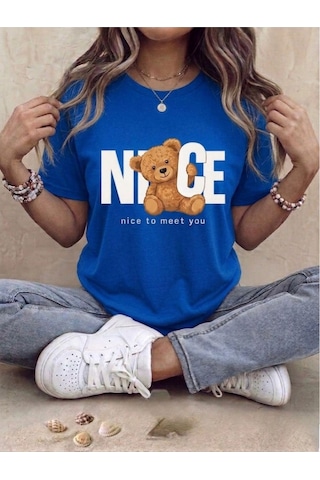 Ayıcık Figürlü Nice To Meet You Yazılı Oversize T-shirt Mavi
