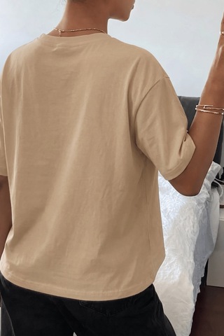 Genıus Store Kadın Tişört Gri Bisiklet Yaka Basic Tişört %100 Pamuk Rahat Kalıp T-shirt Basıc-kadın Bej