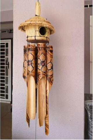 Otantik Hasır Kuş Yuvalı El Yapımı Doğal Bambu Çiçek Desenli Rüzgar Çanı Balkon Dekoru Ev Hediyesi