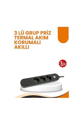 2 Metre Kablolu 3 Usb Portlu Anahtarlı Üçlü Priz 30897369