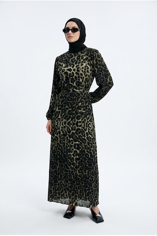 Armine Trend Leopar Desenli Şifon Elbise Siyah 24kt907