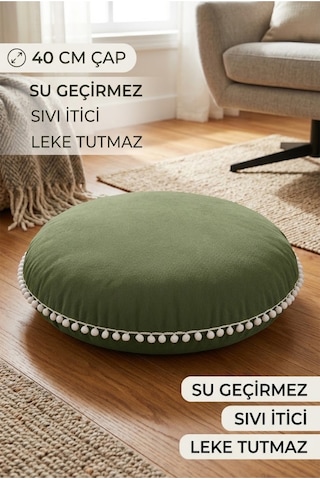 Yuvarlak Minder 40 Cm Çap Su Geçirmez Sıvı İtici Leke Tutmaz Beyaz Ponponlu Dekoratif Ev Minderi Çok Renkli