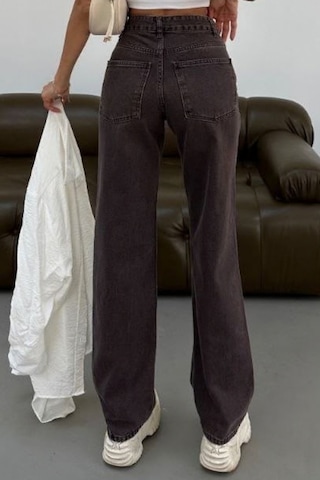 Balenbi Kadın Yüksek Bel Jean Yıkamalı Geniş Paça Wide Leg Kot Pantolon 1242 Kahverengi W129