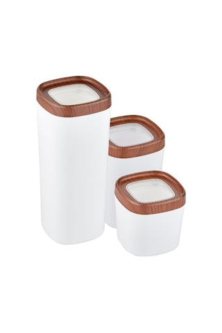 Ceronni Bonny Erzak Saklama Kabı 3lü Set Ahşap Kaplama Kapak Renkli Hazne 1,8lt - 1lt - 600ml Koyu Ahşap Ahşap