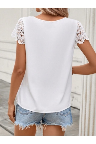 Munn Collection Kadın Kısa Dantel Kollu Bisiklet Yaka Sandy Bluz Beyaz