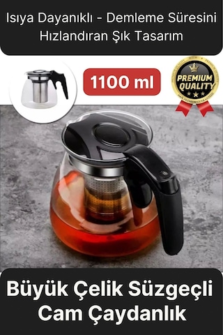 Özel Üretim Isıya Dayanıklı Bitki Çayı Şeffaf Büyük Çelik Süzgeçli Cam Çaydanlık Demlik 1.1 Litre Çok Renkli