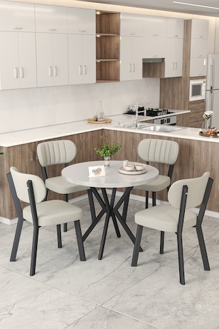 Gnr 90cm Sabit Beyaz Mutfak Masası Takımı, Yemek Masası, 4 Modern Krem Sandalye Krem