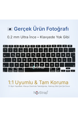 Novstrap Apple Uyumlu MacBook Air M1 13 İnç A2337 A1932 A2179 İle Uyumlu Türkçe Q Siyah Klavye Koruyucu Kılıf