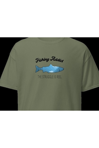 Wildstyle Fishing Addict Struggle Is Reel Balıkçılık Esprili Baskılı Unisex Bisiklet Yaka Pamuklu Tişört Haki