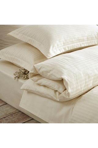 Goldroom Home Çizgili Pamuk Saten Çift Kişilik Nevresim Takımı Krem