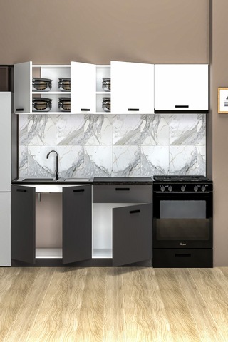 Antino 200 Cm Mutfak Dolabı, Hazır Mutfak Dolabı Tezgah + Çelik Evye Dahil Siyah