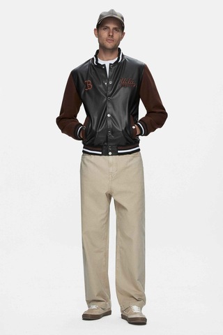 Kawelo Siyah Suni Deri Ve Kaşe Nakışlı Standard Fit Erkek Mont Siyah