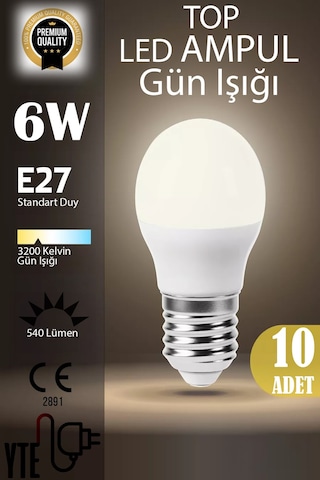 10 Adet Kaliteli Gün Işığı 6w Top Led Ampul E27 Duy