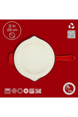 Metal Saplı 28 Cm Kırmızı İç Krem Döküm Yuvarlak Izgara Tava Açık Bakır
